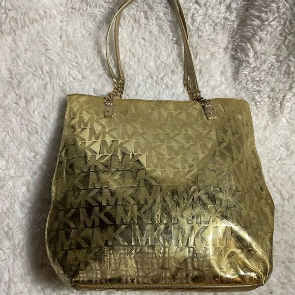 MICHAEL KORS LEATHER MEDIUM TOTE BAG GOLD COLOR MONOGRAM - Picture 8 of 15